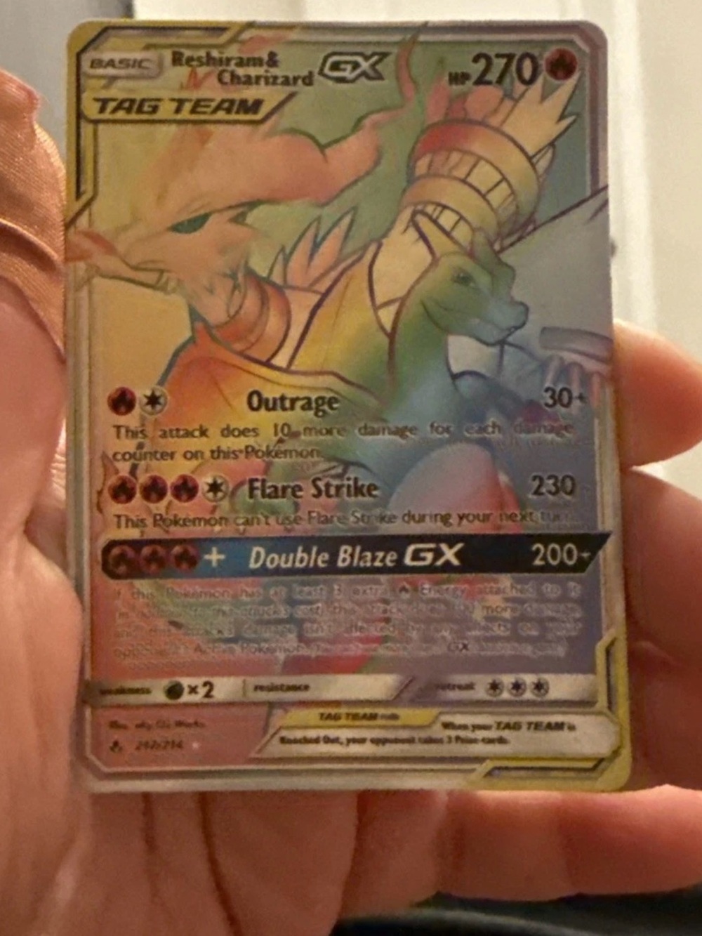 Pokemon Reshiram & Charizard GX Rainbow Holo Card - Yellow Green Blue